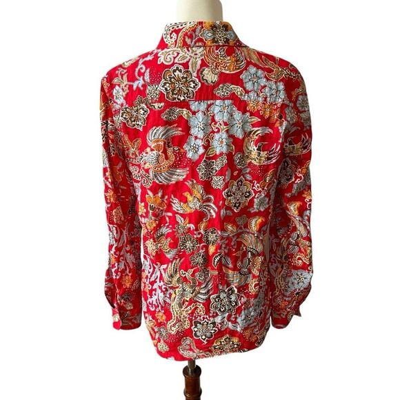 SOLD J MCLAUGHLIN LOIS SHIRT S RED FLORAL WHIMSY CASUAL COLORFUL STRETCH COTTON - Picture 5 of 12